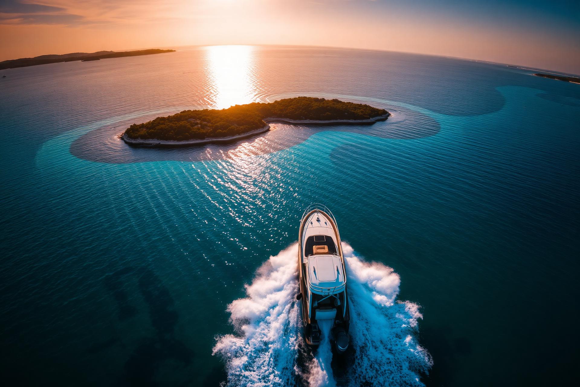 Speedboat cruising past an island near Sukošan in the Adriatic